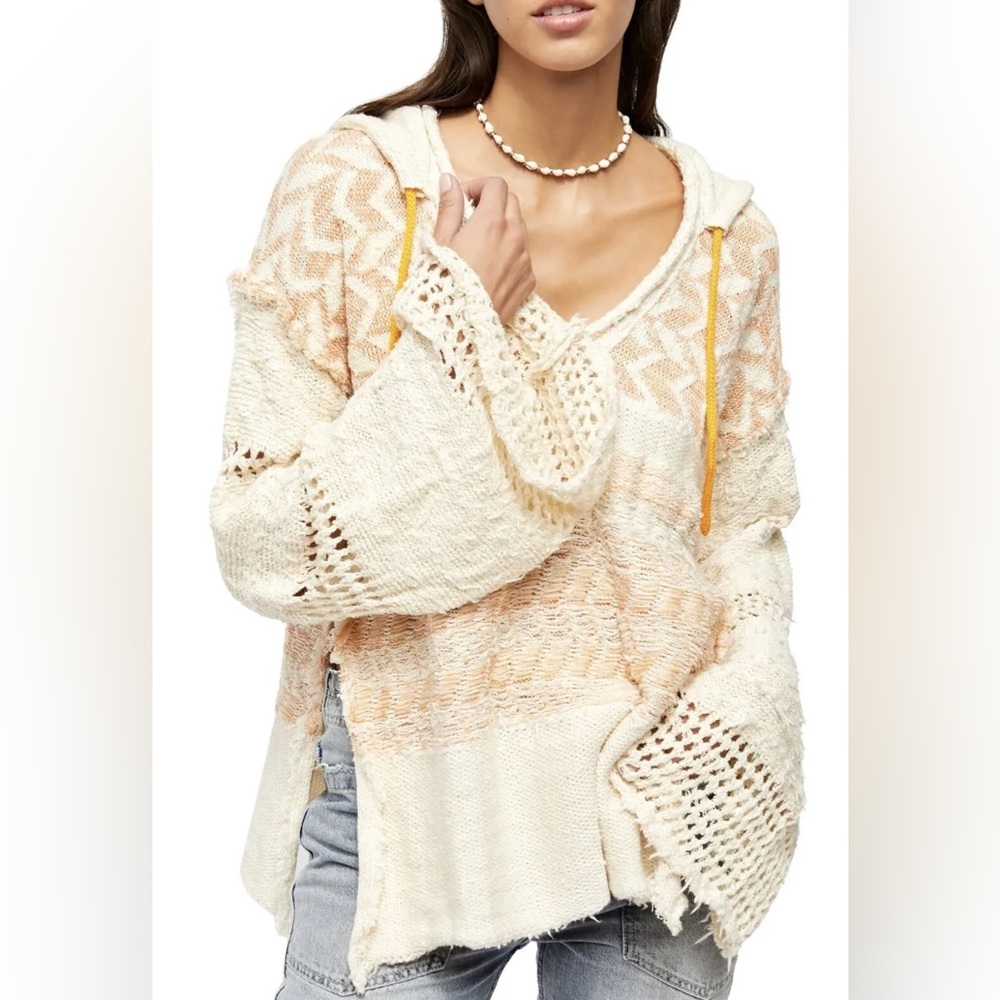 Free People Womens Coastline Orange Knit Hooded Sweater Top L Large NWOT $198